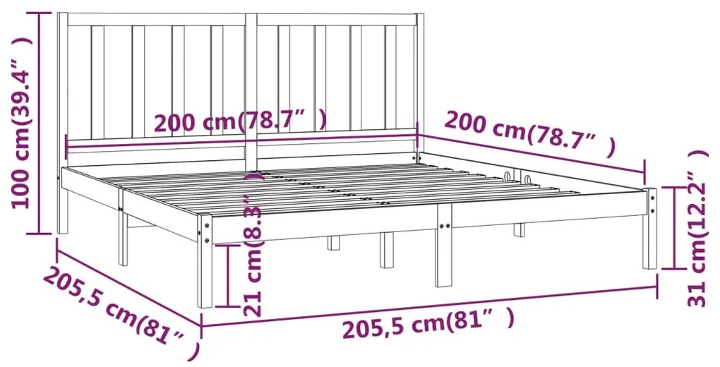 vidaXL Πλαίσιο Κρεβατιού Μαύρο 200 x 200 εκ. από Μασίφ Ξύλο Πεύκου