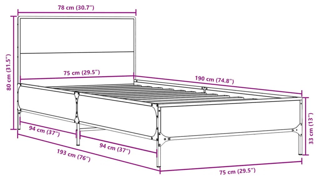 ΠΛΑΙΣΙΟ ΚΡΕΒΑΤΙΟΥ ΓΚΡΙ SONOMA 75X190 ΕΚ. ΕΠΕΞ. ΞΥΛΟ &amp; ΜΕΤΑΛΛΟ 845560