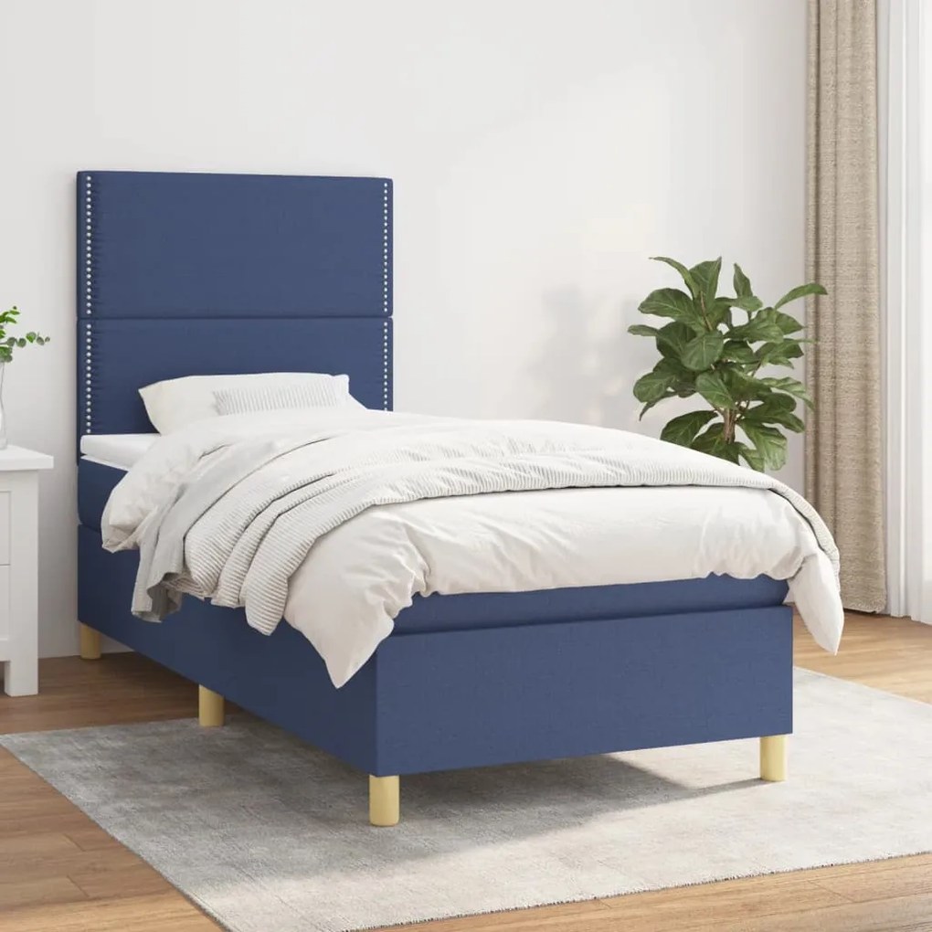 Κρεβάτι Boxspring με Στρώμα Μπλε 90x190 εκ.Υφασμάτινο