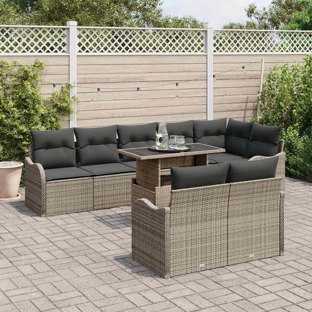 vidaXL Σετ Καναπέ Κήπου με μαξιλάρι 9 pcs Γκρι Πολυ ράταν