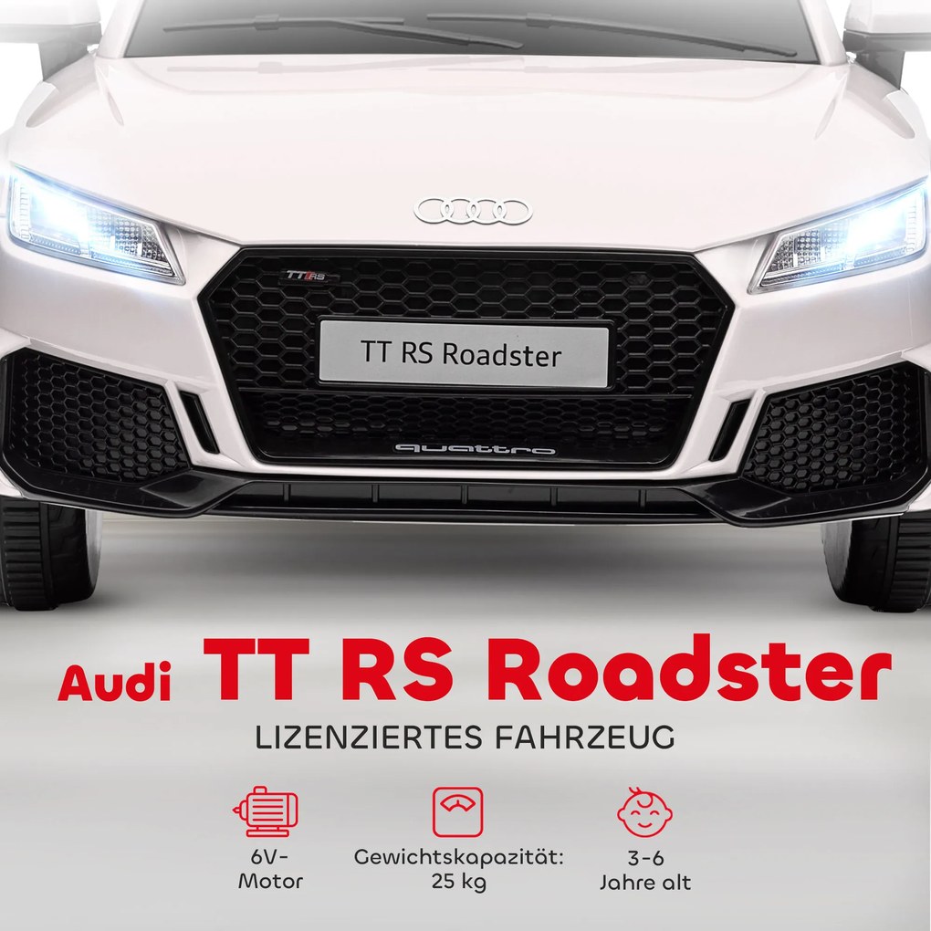 HOMCOM Παιδικό ηλεκτρικό αυτοκίνητο, Audi TT RS Roadster, 3 km/h, Τηλεχειριστήριο, LED, USB, Λευκό