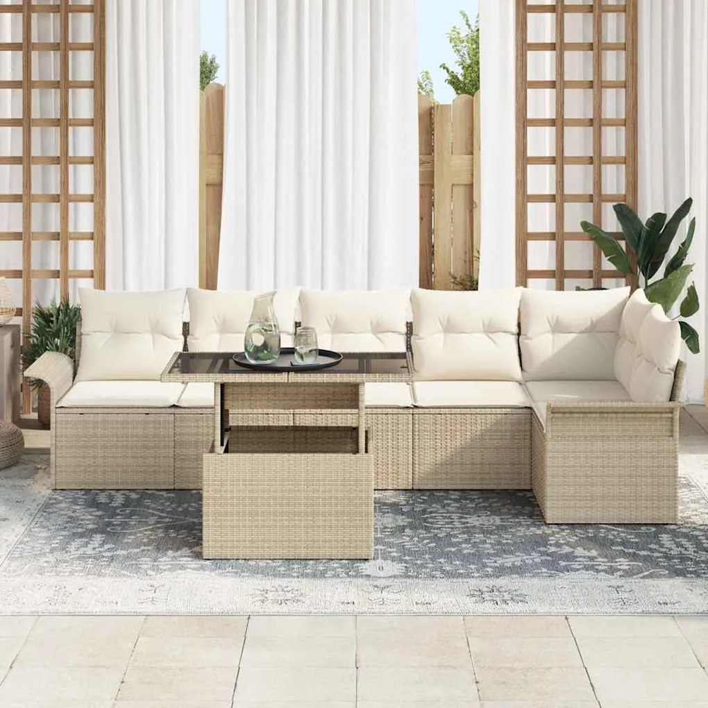 vidaXL Σετ Καναπέ Κήπου με μαξιλάρι 7 pcs Μπεζ Πολυ ράταν