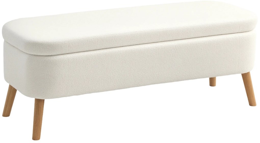 HOMCOM Σκαμπό αποθήκευσης, σκαμπό με 65 L αποθηκευτικό χώρο, υποπόδιο, ύφασμα fleece, ξύλο καουτσούκ, αφρός, 120 x 42 x 45 cm, κρεμ λευκό