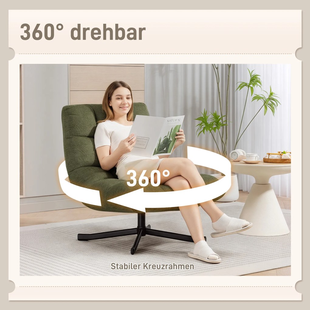 HOMCOM Περιστρεφόμενη πολυθρόνα lounge με φαρδύ κάθισμα, αδιάβροχο ύφασμα τύπου chenille, σταυρωτά ατσάλινα πόδια, πράσινο