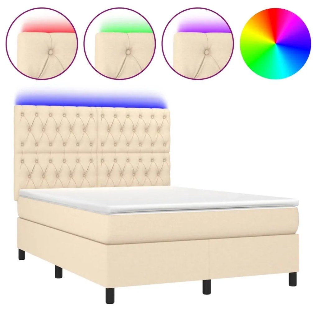 vidaXL Κρεβάτι Boxspring με Στρώμα & LED Κρεμ 140x190 εκ. Υφασμάτινο