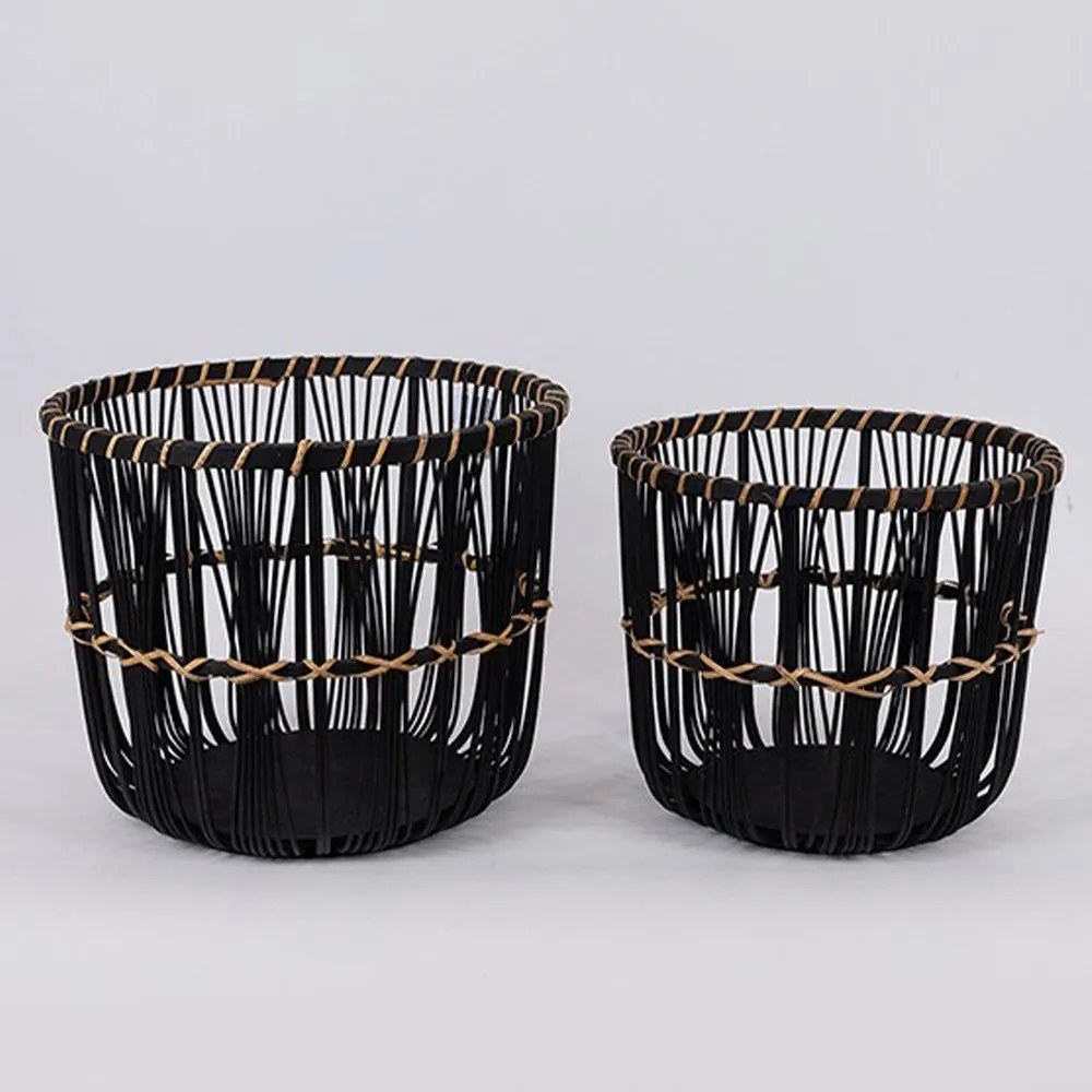 Καλάθια Ψάθινα 819-00362 (Σετ 2τμχ) Φ32x28cm/ Φ27x25cm Black Estheti Home Ψάθα