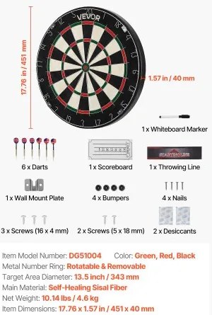 VEVOR Dartboard with 6 Darts &amp; Scoring Kit, Self-Healing Sisal Fibers Dartboard with Staple-Free Bullseye &amp; Rotating Number Ring, 451mm Professional Steel Tip Dart Board Set for Home Party Game Room