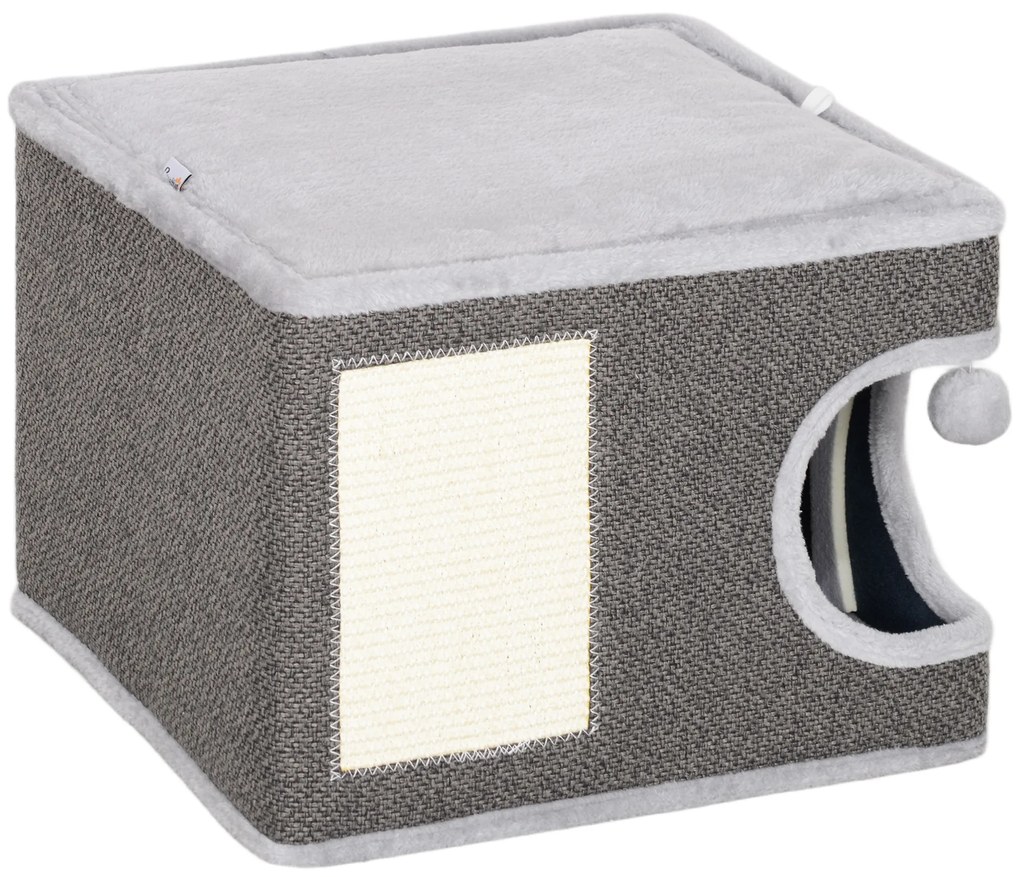 PawHut Σπιτάκι γάτας με 2 μαξιλάρια, κρεβάτι, φωλιά, χαλάκι ξυσίματος, μπάλα παιχνιδιού, μικρή στήλη ξυσίματος, γκρι