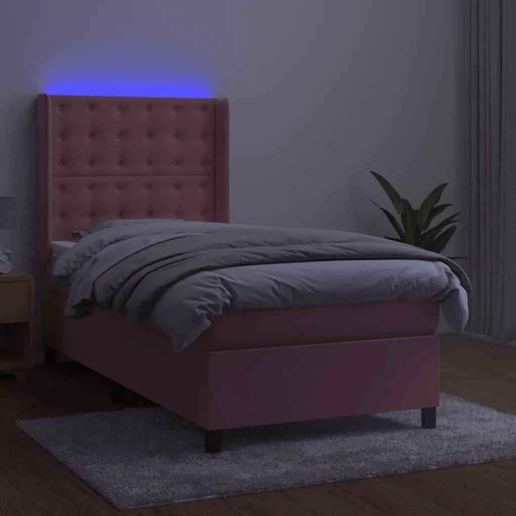 vidaXL Κρεβάτι Boxspring με Στρώμα & LED Ροζ 80 x 200 εκ. Βελούδινο