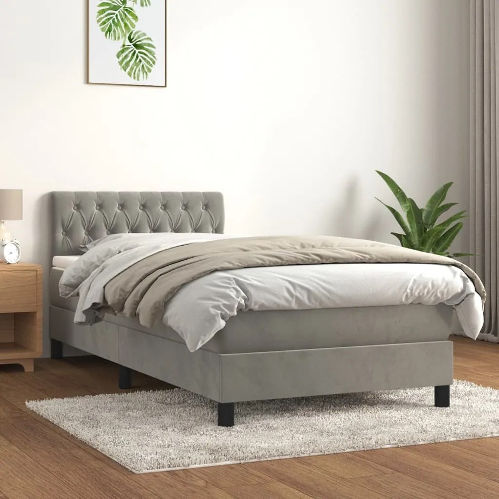 Κρεβάτι Boxspring με Στρώμα Ανοιχτό Γκρι 90x200 εκ. Βελούδινο