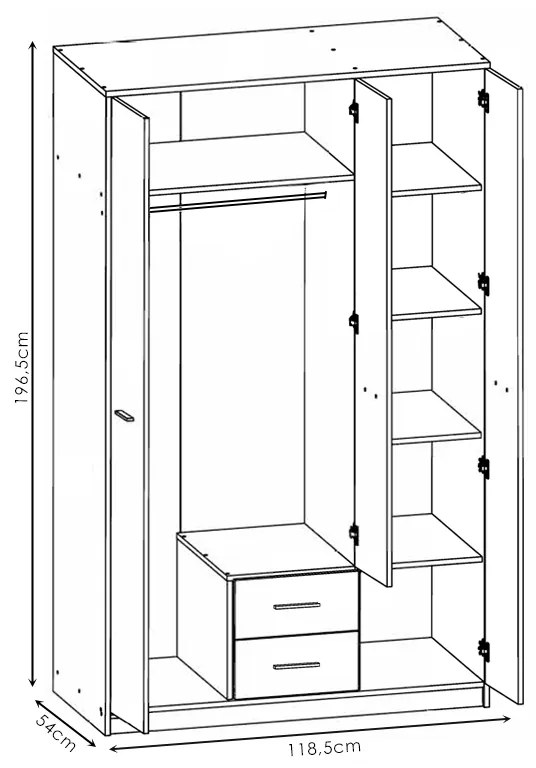 Ντουλάπα ρούχων Serenity pakoworld τρίφυλλη sonoma-λευκό 118.5x54x196.5εκ - 192-000019 - 192-000019