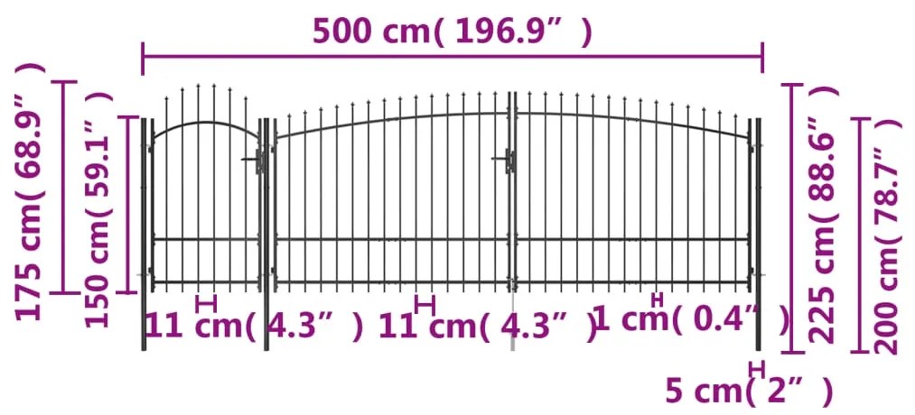 vidaXL Καγκελόπορτα με Λόγχες Μαύρη 5 x 2,25 μ.