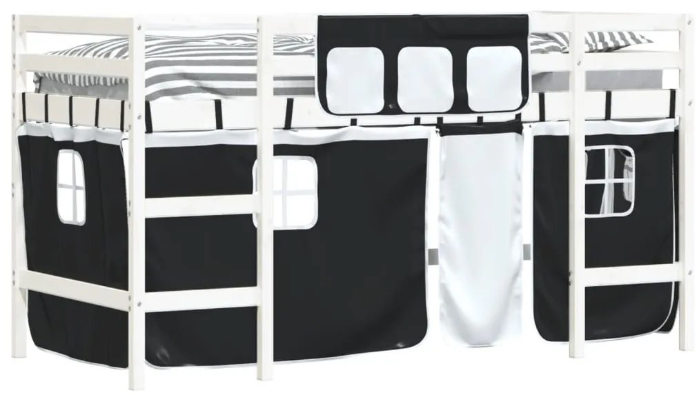 Υπερυψ. Κρεβάτι με Κουρτίνες Λευκό/Μαύρο 90x190 εκ. Μασίφ Πεύκο - Μαύρο