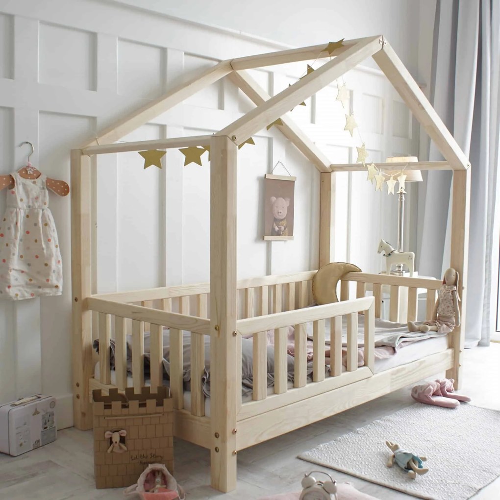 Κρεβάτι Παιδικό Montessori  House Bed με κάγκελα 30cm σε Φυσικό  Ξύλο  80×160cm  Luletto (Δώρο 10% έκπτωση στο Στρώμα)