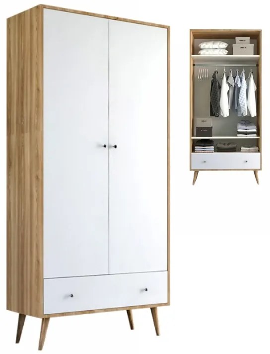Ντουλάπα ρούχων Samet Megapap δίφυλλη με συρτάρι χρώμα λευκό - sapphire oak 80x50x195εκ.-GP055-0011,1