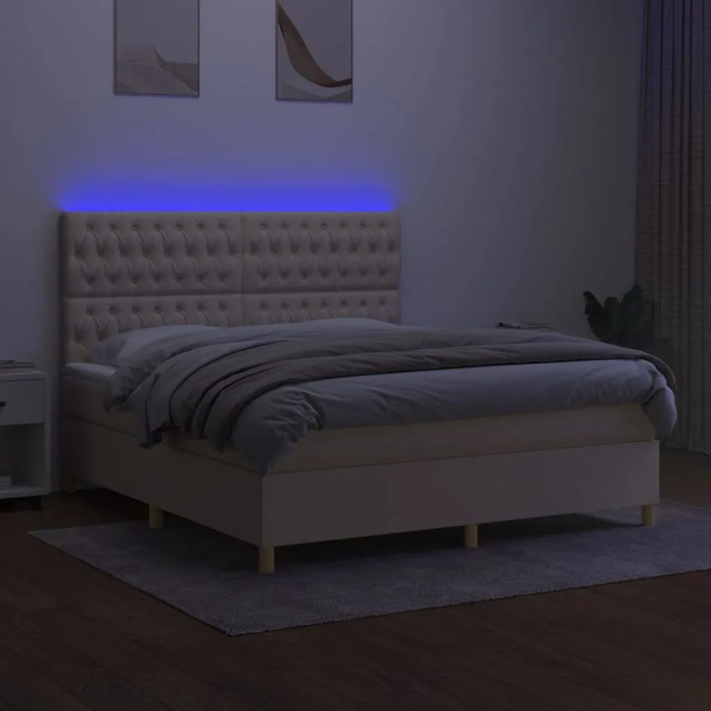 Κρεβάτι Boxspring με Στρώμα &amp; LED Κρεμ 160x200 εκ. Υφασμάτινο - Κρεμ