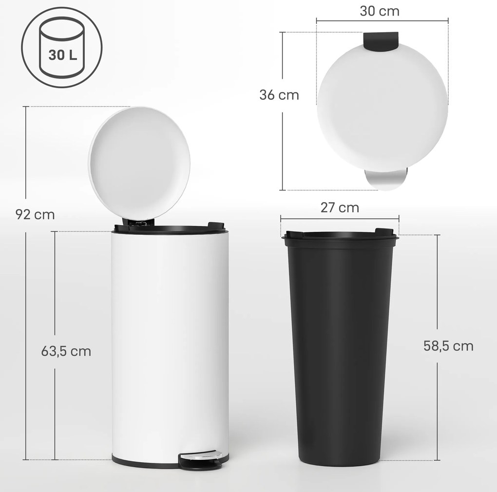 HOMCOM Κάδος απορριμμάτων 30L, κάδος με πεντάλ, κλειδαριά καπακιού, πεντάλ, ανθεκτικό σε λεκέδες, κρεμώδες λευκό