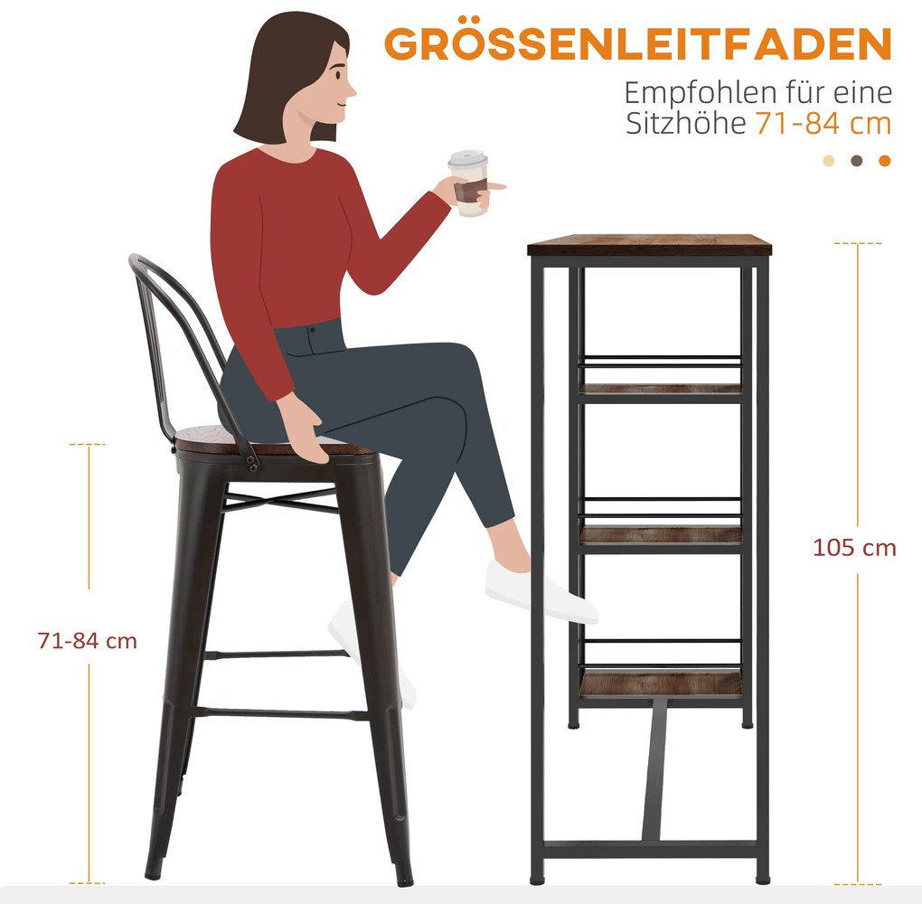 HOMCOM Τραπέζι μπαρ, τραπέζι κουζίνας, βιομηχανικός σχεδιασμός, 3 ράφια, 120 x 40 x 105 cm; Μαύρο + Καφέ