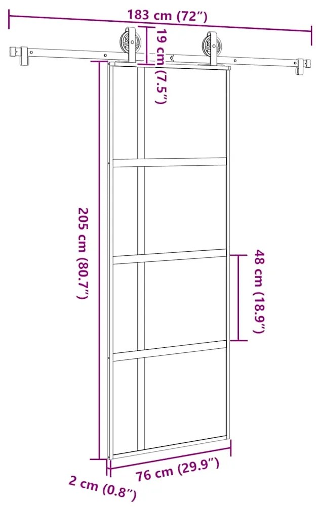 Συρόμενη πόρτα με σετ υλικού 76x205 cm από γυαλί&amp;Αλουμίνιο - Μαύρο