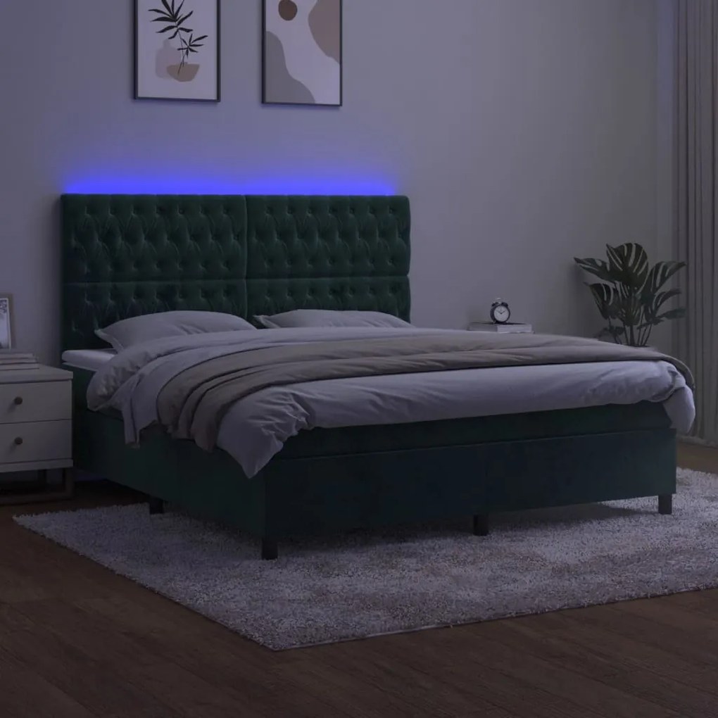 Κρεβάτι Boxspring με Στρώμα &amp; LED Σκ. Πράσινο 160x200εκ Βελούδο - Πράσινο