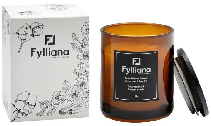 Αρωματικό Κερί FL6478 Fylliana "Σανδαλόξυλο και Γιασεμί" σε Γυάλινο Βάζο 105gr Χρώμα με Συσκευασία Δώρου Καφέ Φ6,3x7,8 εκ. 6.3x6.3x7.8 εκ.