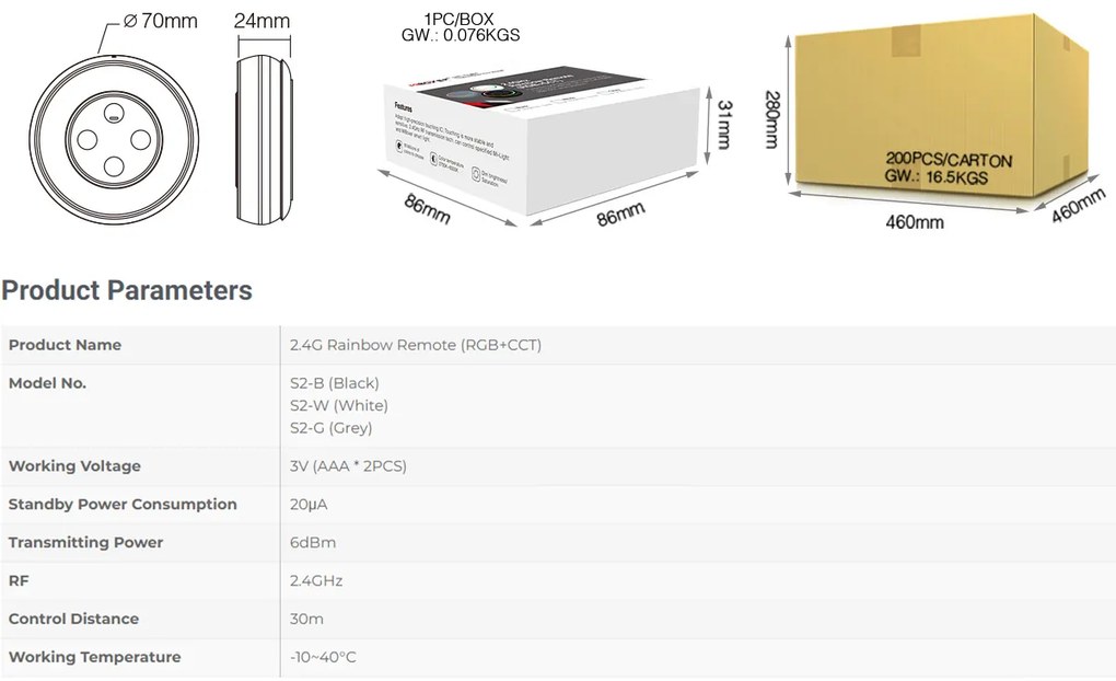 GloboStar® 71434 S2-B Mi-Light Ασύρματο Χειριστήριο Αφής RF 2.4Ghz για όλα τα RGBW+WW Mi-BOXER Controller DC 3V 2 x AAA - IP20 Μαύρο Φ7 x Υ2.5cm - 5 Years Warranty