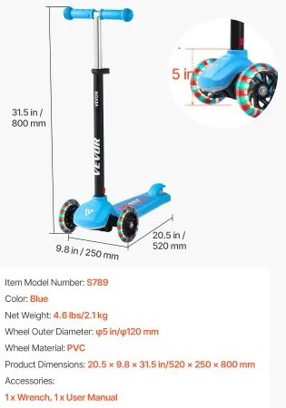 VEVOR Kick Scooter for Kids Ages 3+, 3-Wheel Toddler Scooter with Light-Up Wheels, Adjustable Height Handlebar, Wide Anti-Slip Deck, Lightweight Aluminum Frame for Boys and Girls up to 74.8 kg, Blue