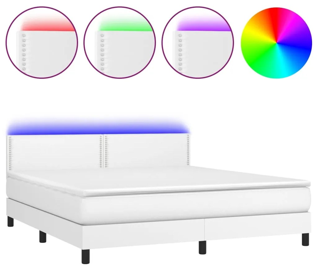 Κρεβάτι Boxspring με Στρώμα &amp; LED Λευκό 160x200 εκ. Συνθ. Δέρμα - Λευκό