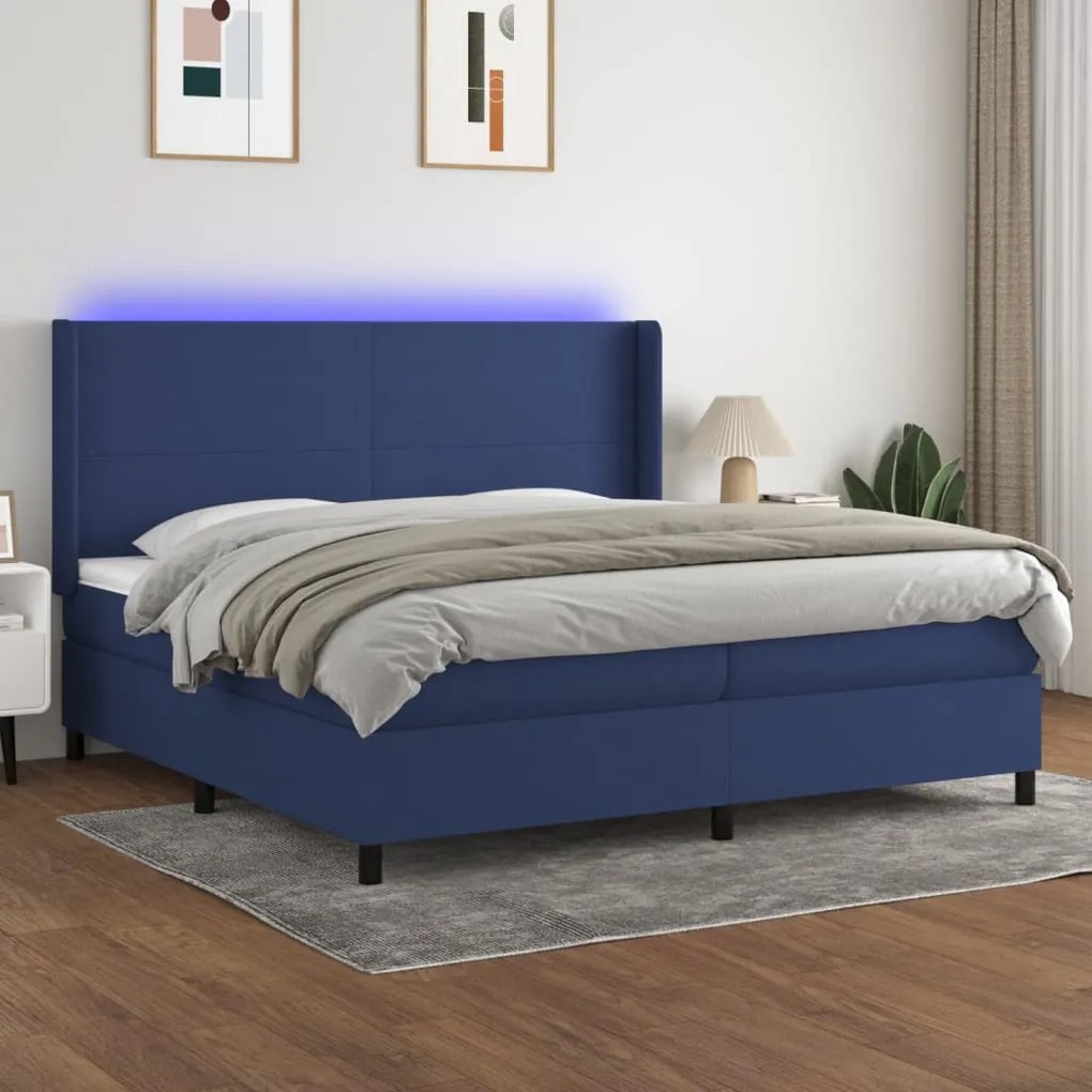 vidaXL Κρεβάτι Boxspring με Στρώμα &amp; LED Μπλε 200x200 εκ. Υφασμάτινο