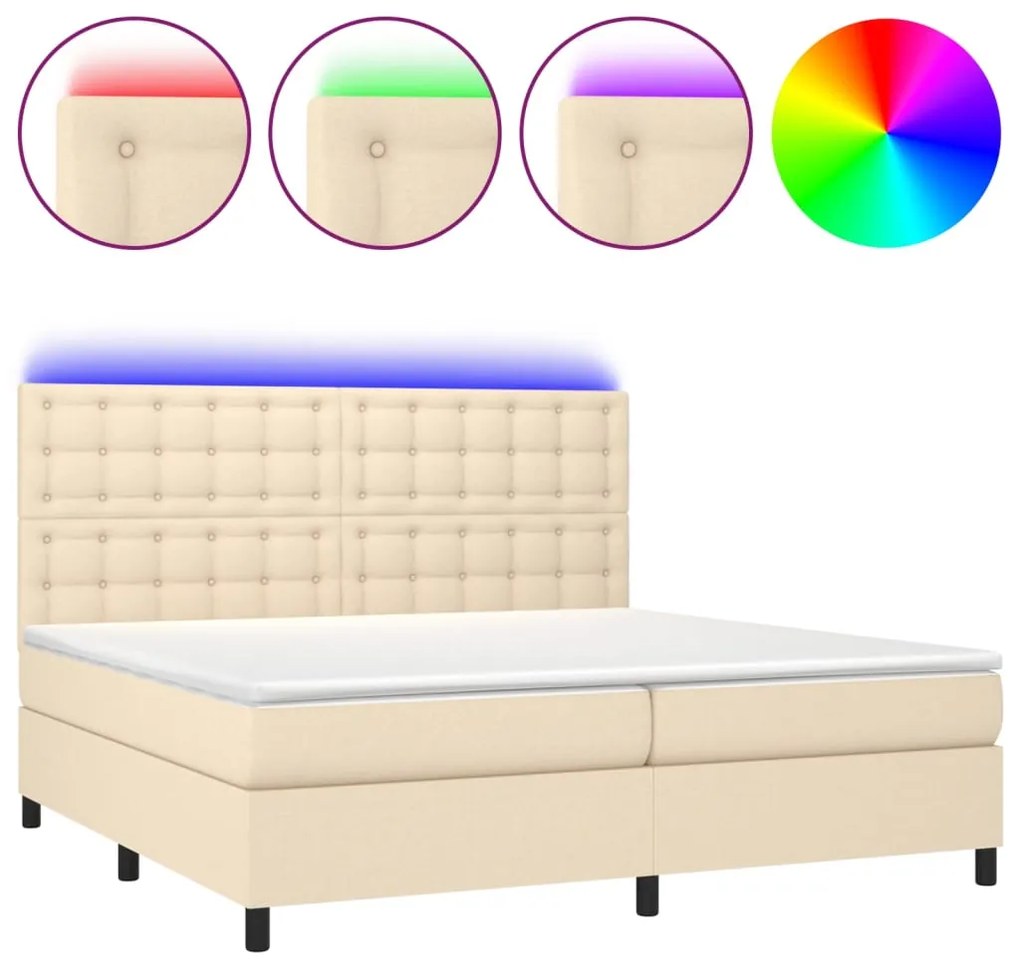 vidaXL Κρεβάτι Boxspring με Στρώμα & LED Κρεμ 200x200 εκ. Υφασμάτινο