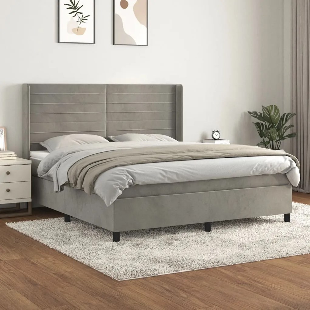 Κρεβάτι Boxspring με Στρώμα Ανοιχτό Γκρι 160x200 εκ. Βελούδινο - Γκρι