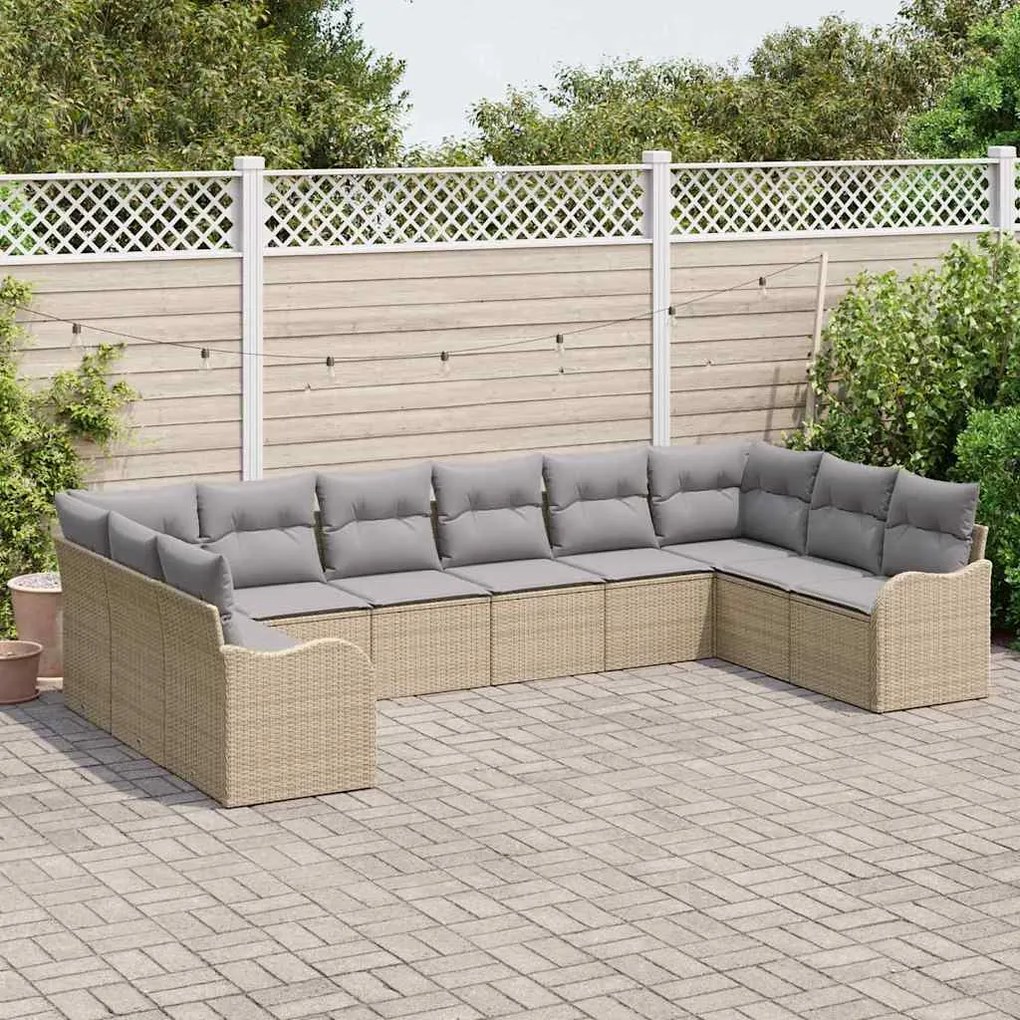 vidaXL Σετ Καναπέ Κήπου με μαξιλάρι 10 pcs Μπεζ Πολυ ράταν