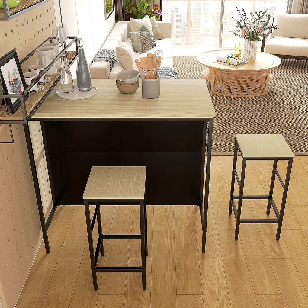 HOMCOM Σετ Μπαρ, 2 Σκαμπό & 1 Τραπέζι Μπαρ, Ανθεκτικό σε Λεκέδες, Σταθερό, Ατσάλινο Πλαίσιο, Μαύρο/Δρυς