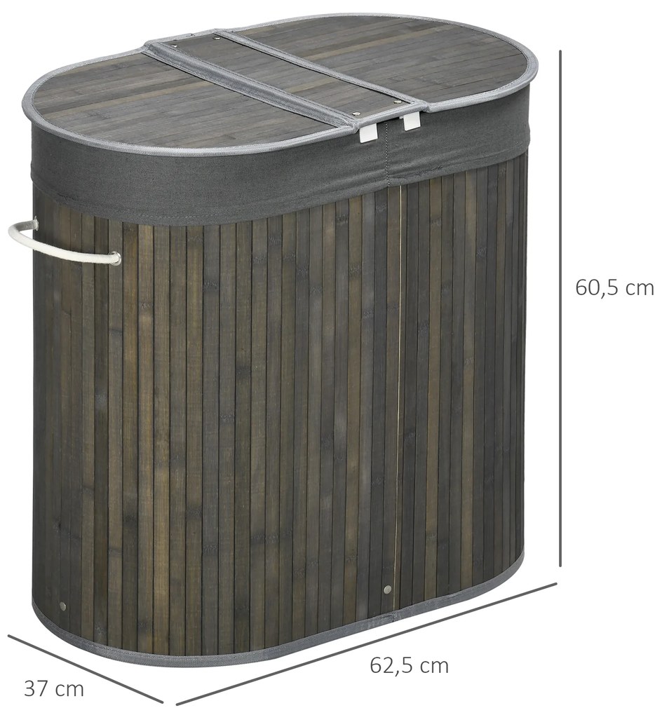 HOMCOM Καλάθι απλύτων 100 L με καπάκι, λαβές, 2 διαμερίσματα, αφαιρούμενη τσάντα πλυντηρίου, για υπνοδωμάτιο, μπάνιο, μπαμπού, γκρι