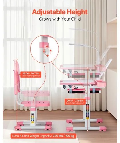VEVOR Kids Chair and Desk Set Table Lamp Adjustable Height & Tilted Desktop Pink