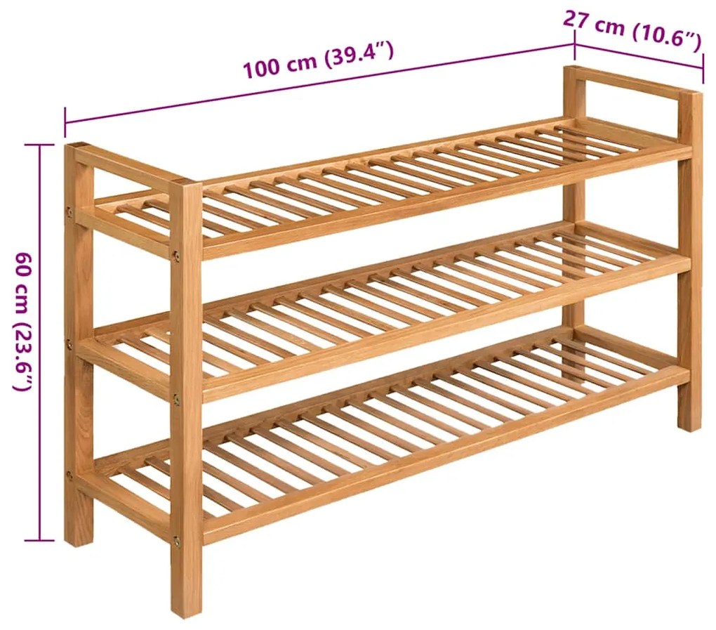 vidaXL Παπουτσοθήκη με 3 Ράφια 100 x 27 x 60 εκ. Μασίφ Ξύλο Δρυός