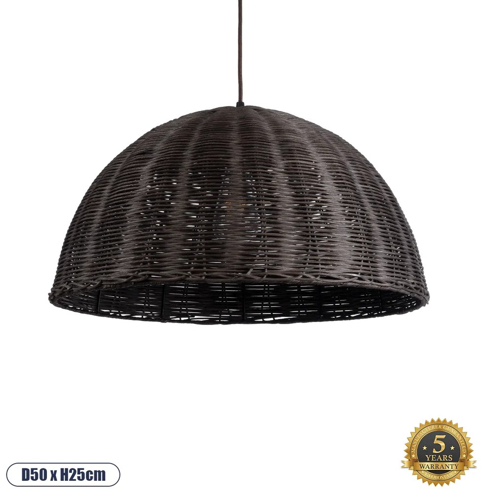 GloboStar® MONTANA 02381 Boho Κρεμαστό Φωτιστικό Οροφής Μονόφωτο 1 x E27 AC220-240V IP20 - Φ50 x Υ25cm - Σκούρο Καφέ Μπαμπού Πλέγμα Καμπάνα - 5 Χρόνια Εγγύηση