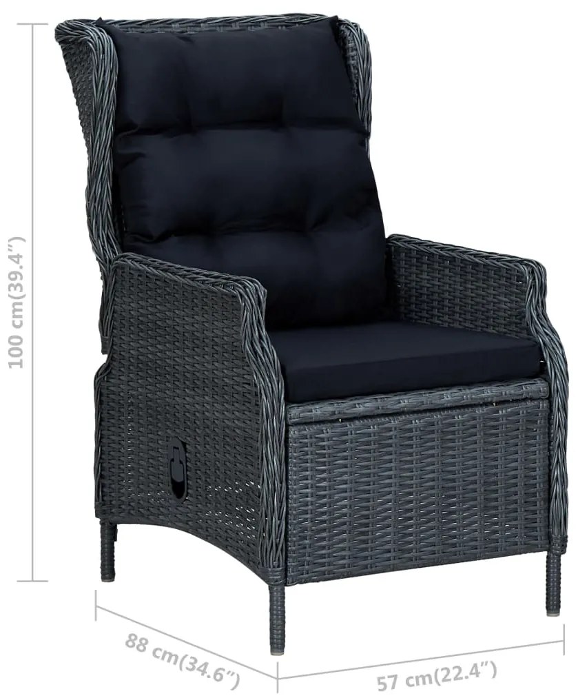 vidaXL Πολυθρόνα Κήπου Ανακλινόμενη Σκ. Γκρι Συνθ. Ρατάν με Μαξιλάρια