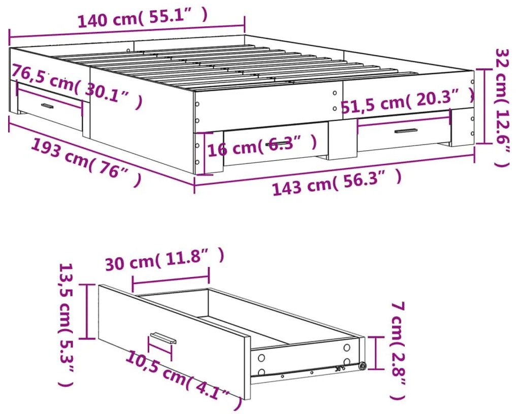 Πλαίσιο Κρεβατιού με συρτάρια Γκρι Σκυρ. 140x190 εκ. Επεξ. Ξύλο - Γκρι