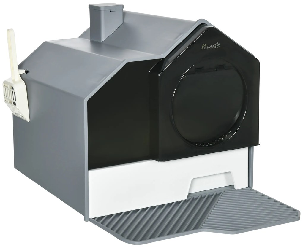 PawHut Άμμος γάτας σε χαριτωμένο σχεδιασμό, 1 σουρωτήρι, 1 φτυάρι απορριμμάτων, αποσπώμενο δάπεδο, γκρι