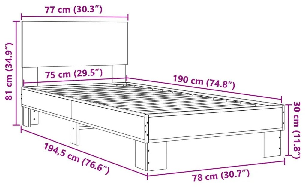 Πλαίσιο Κρεβατιού Καπνιστή Δρυς 75x190 εκ. Επεξ. Ξύλο &amp; Μέταλλο - Καφέ