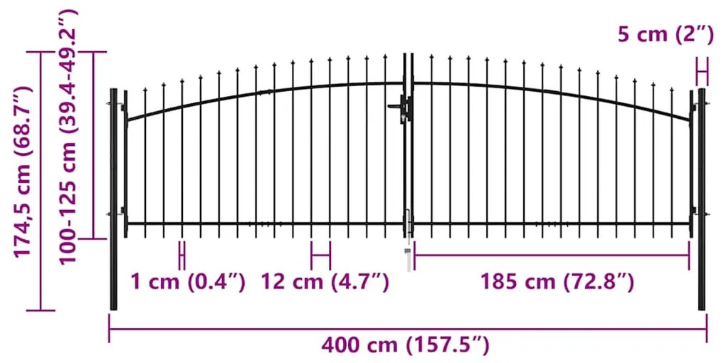 vidaXL Πόρτα Περίφραξης Διπλή με Λόγχες 400 x 175 εκ.