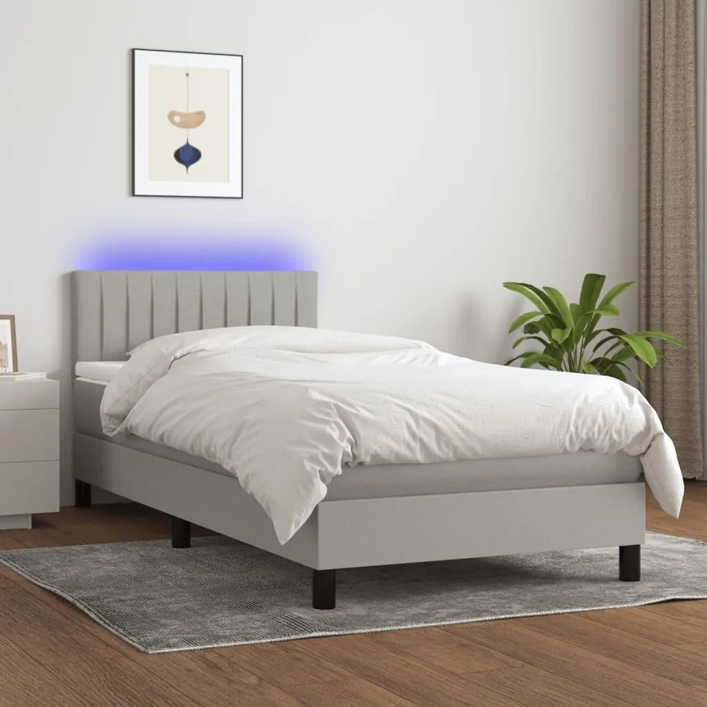 Κρεβάτι Boxspring με Στρώμα &amp; LED Αν.Γκρι 90x200 εκ. Υφασμάτινο - Γκρι