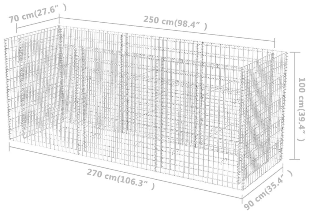 Συρματοκιβώτιο - Γλάστρα Υπερυψωμένη 270x90x100 εκ. Ατσάλινη - Ασήμι