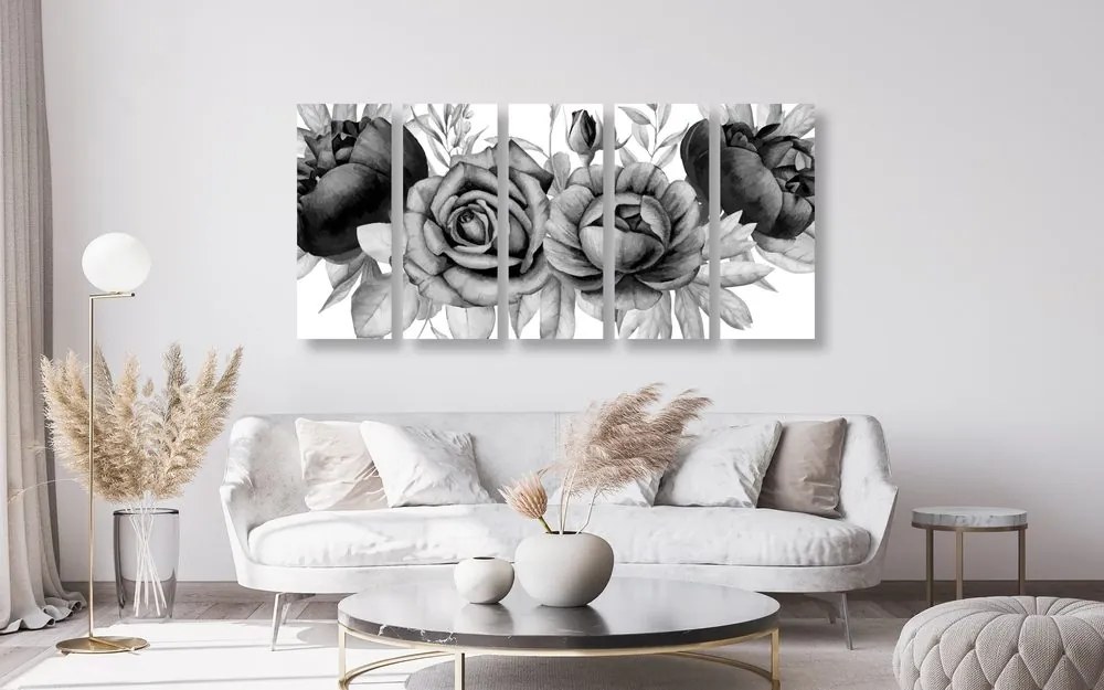 Εικόνα 5 τμημάτων γοητευτικός συνδυασμός λουλουδιών και φύλλων σε ασπρόμαυρο - 200x100