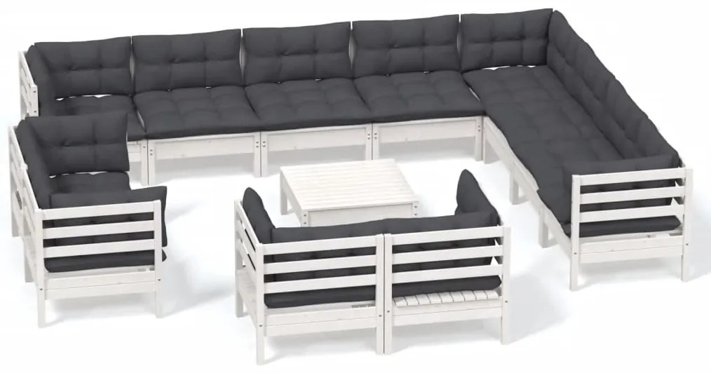 vidaXL Σαλόνι Κήπου Σετ 13 Τεμαχίων Λευκό Ξύλο Πεύκου &amp; Μαξιλάρια