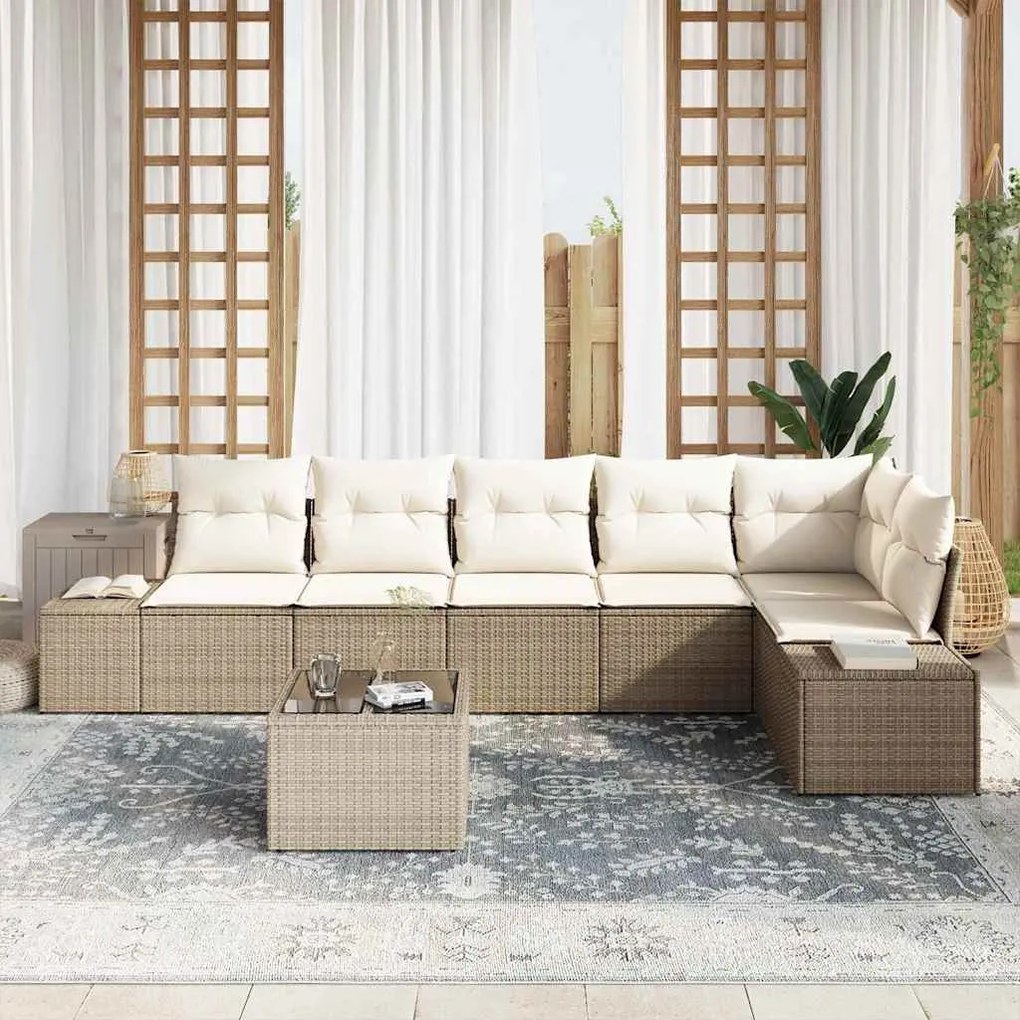 vidaXL Σετ Καναπέ Κήπου 7 pcs Μπεζ, Κρέμα Πολυ rattan, βαμμένο ατσάλι
