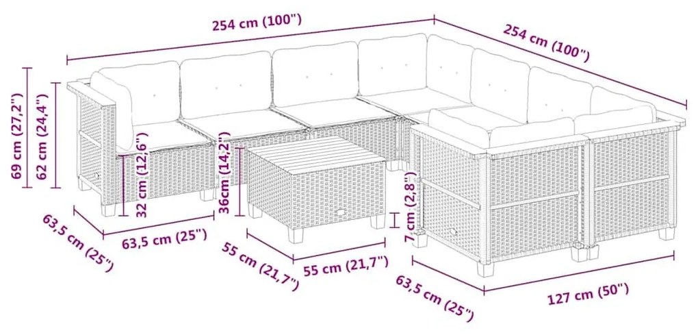 Σαλόνι Κήπου Σετ 9 τεμ. Μπεζ Συνθετικό Ρατάν με Μαξιλάρια - Μπεζ