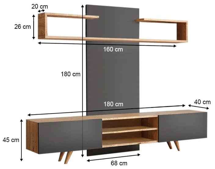 Σύνθεση τηλεόρασης Giacomo Megapap χρώμα sapphire oak - ανθρακί 180x40x45εκ. - GP055-0021,1