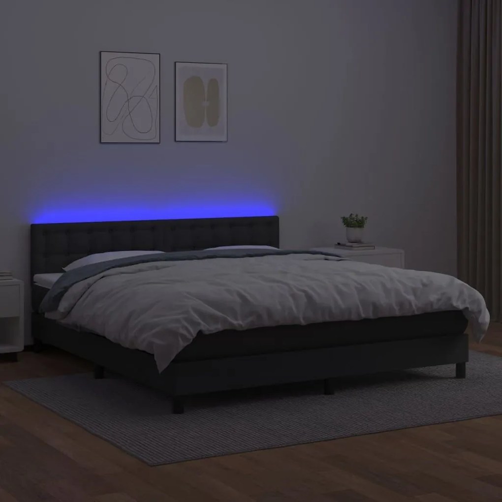 Κρεβάτι Boxspring με Στρώμα &amp; LED Μαύρο 180x200 εκ. Συνθ. Δέρμα - Μαύρο